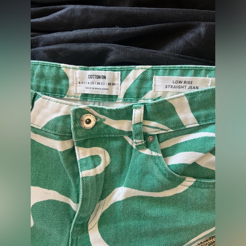 Cotton On Low Rise Green and White Swirl Straight Jeans sz4 - Picture 10 of 13